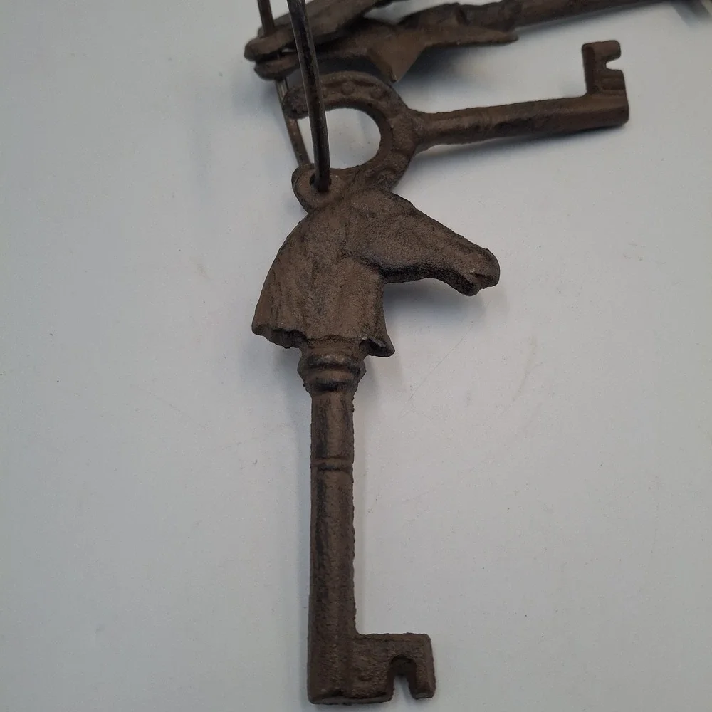 Set of 4 Heavy Cast Iron Skeleton Keys Ring Western Texas Star Horseshoe Boot